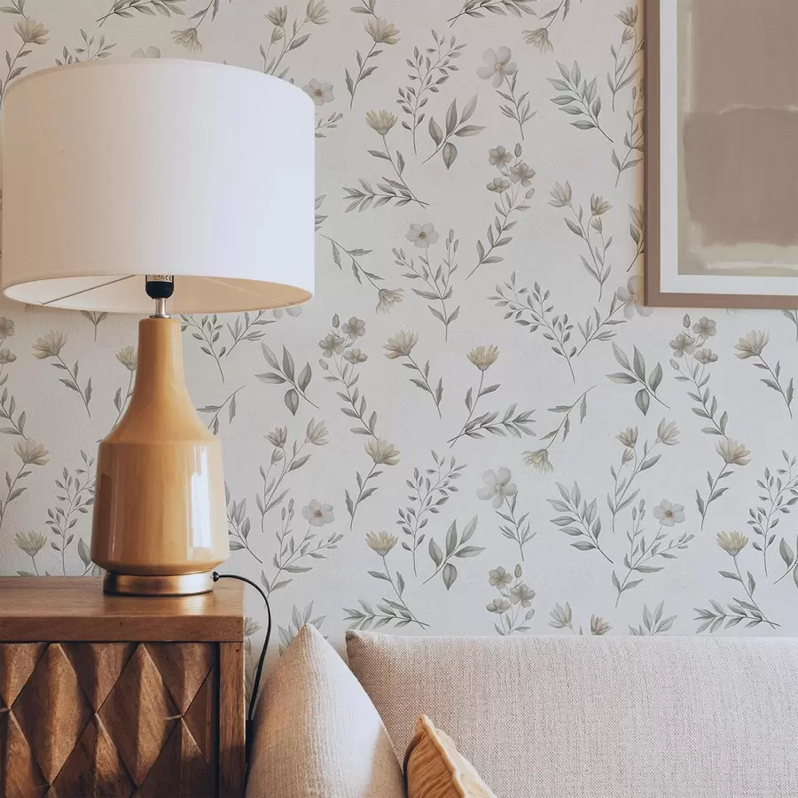 Fototapete Kleine Aquarellzweige und Blumen auf hellem Hintergrund a00665