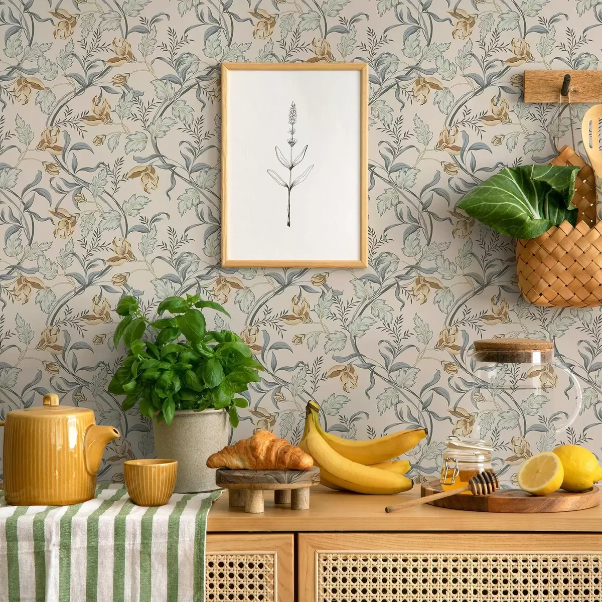 Tapete Vintage-Blumen mit blauem Laub auf cremefarbenem Hintergrund a00717