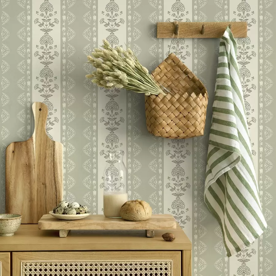 Fototapete Gestreiftes Ornament mit floralen Säulen in Salbeifarben a00719