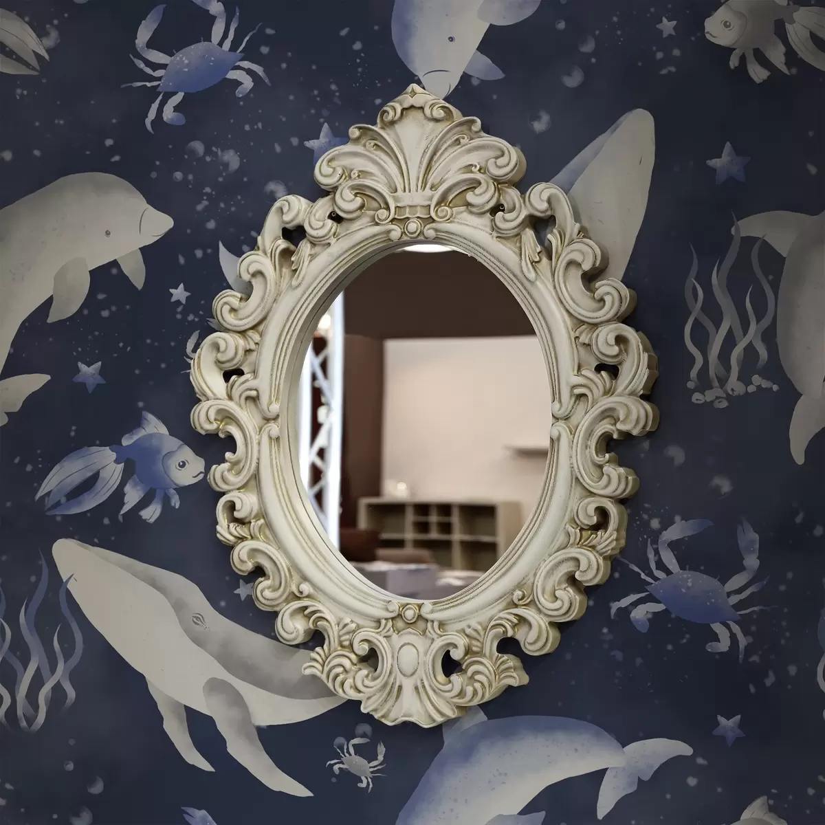 Tapete Wale, Delfine und Krabben auf dunkelblauem Hintergrund a00720