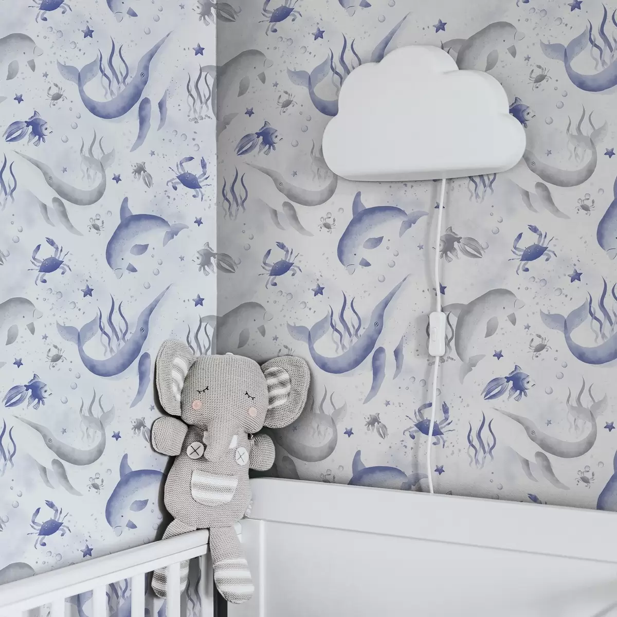 Tapete See-Wale und Delfine in Blautönen auf weißem Hintergrund a00720v1