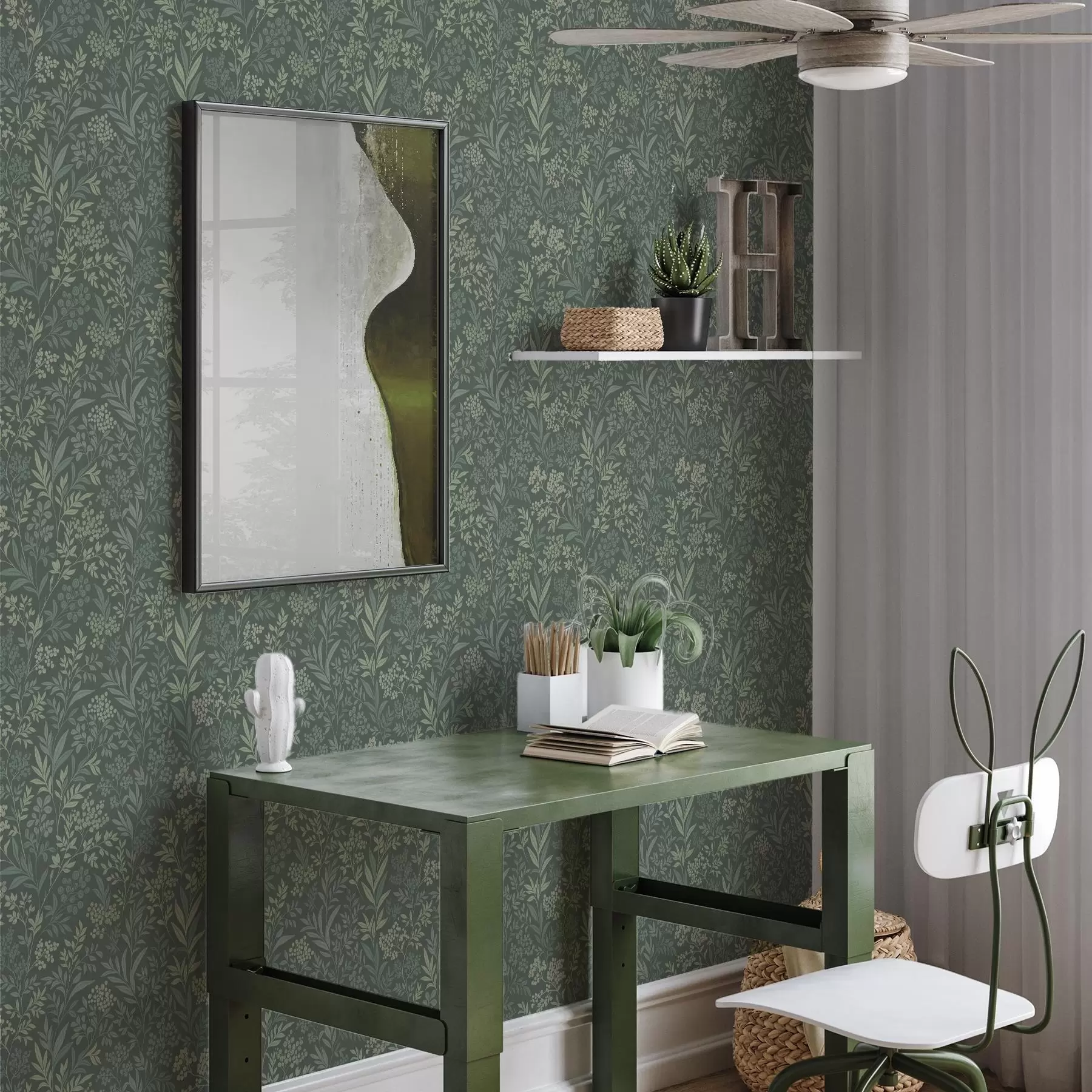 Fototapete Smaragdgrüne Gräser und Beeren, feines botanisches Muster a00740