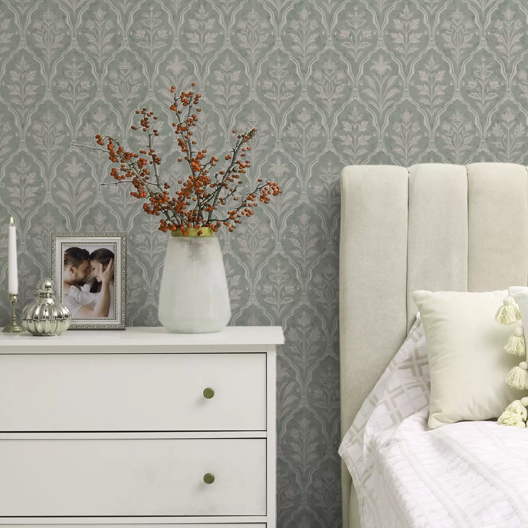 Fototapete Minzfarbener Damast mit feinen Blumenmedaillons a00741