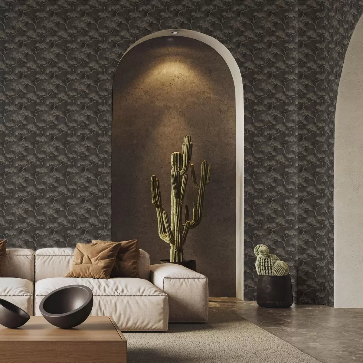 Tapete Kiefern-Silhouetten vor dunklem Hintergrund, neblige Textur a00742