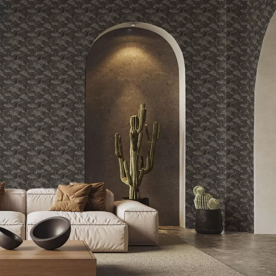 Fototapete Kiefern-Silhouetten vor dunklem Hintergrund, neblige Textur a00742