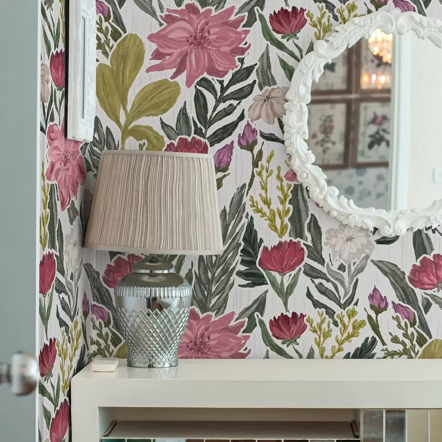 Fototapete Üppige rosa und cremefarbene Blumen auf weißem Hintergrund, pastose Textur a00629v1