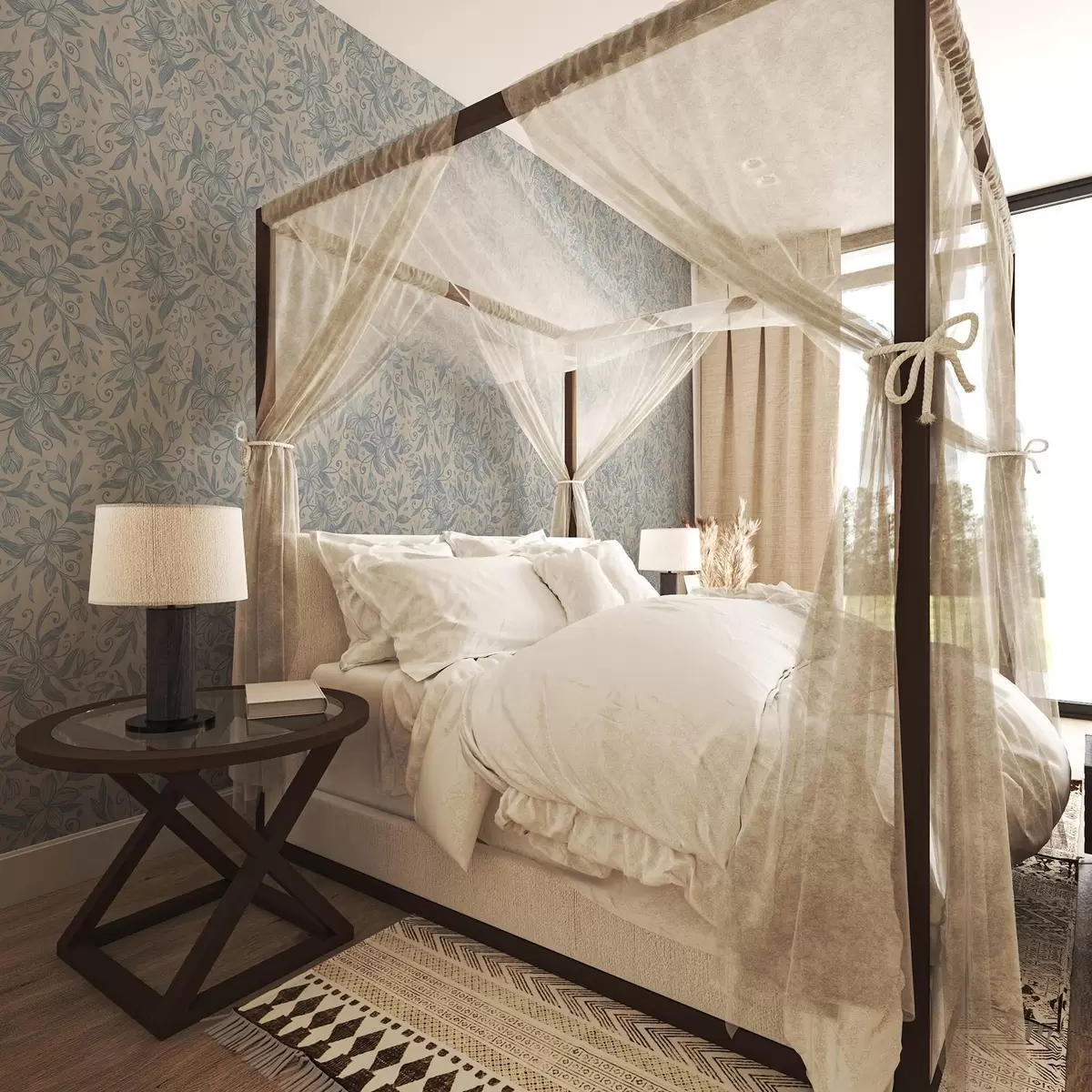 Tapete Blaues lineares Blumenmuster auf warmem Beige a00630v2