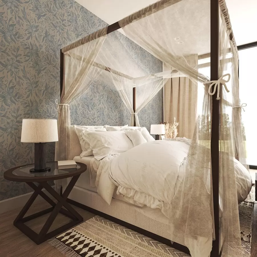 Fototapete Blaues lineares Blumenmuster auf warmem Beige a00630v2