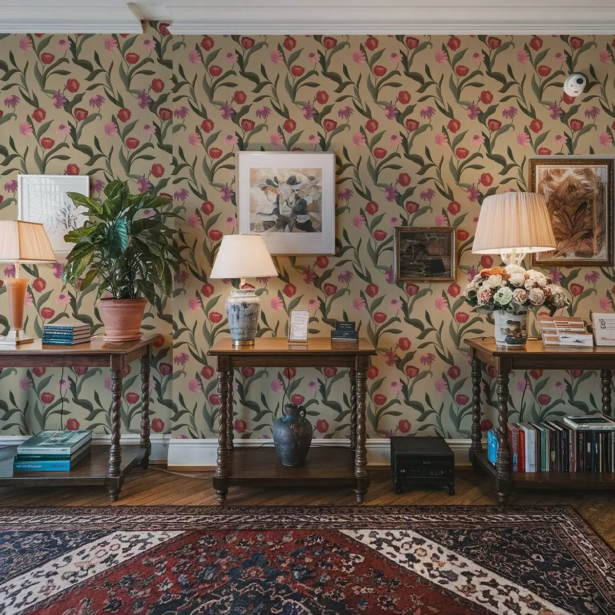 Tapete Rosa-rote Blumen auf beigem Hintergrund, handgezeichnete Textur a00631