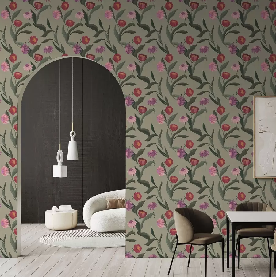 Fototapete Rosa-rote Blumen auf olivfarbenem Hintergrund, Leinwandstruktur a00631v1