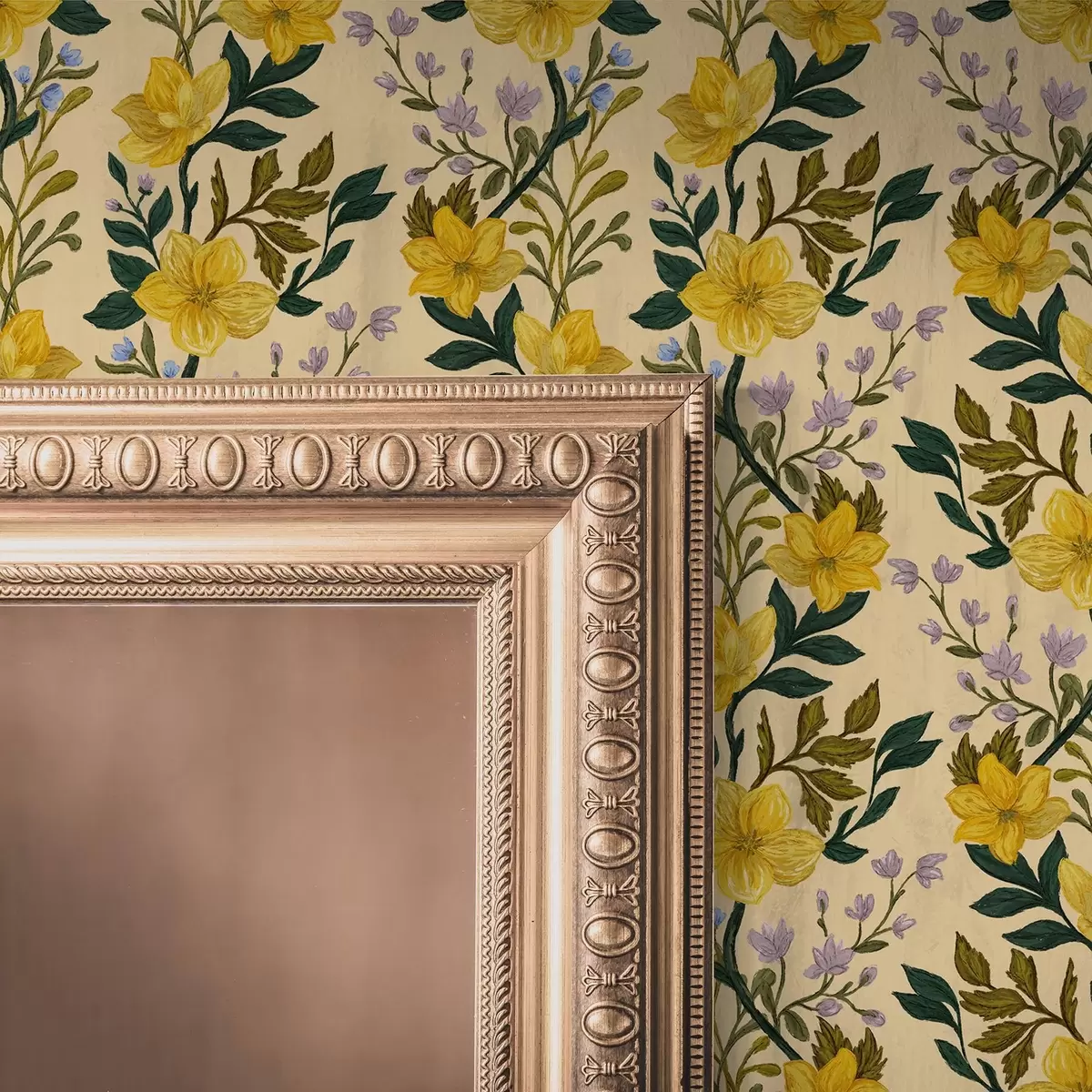 Tapete Gelbe Blumen in vertikalen Girlanden auf cremefarbenem Hintergrund a00632