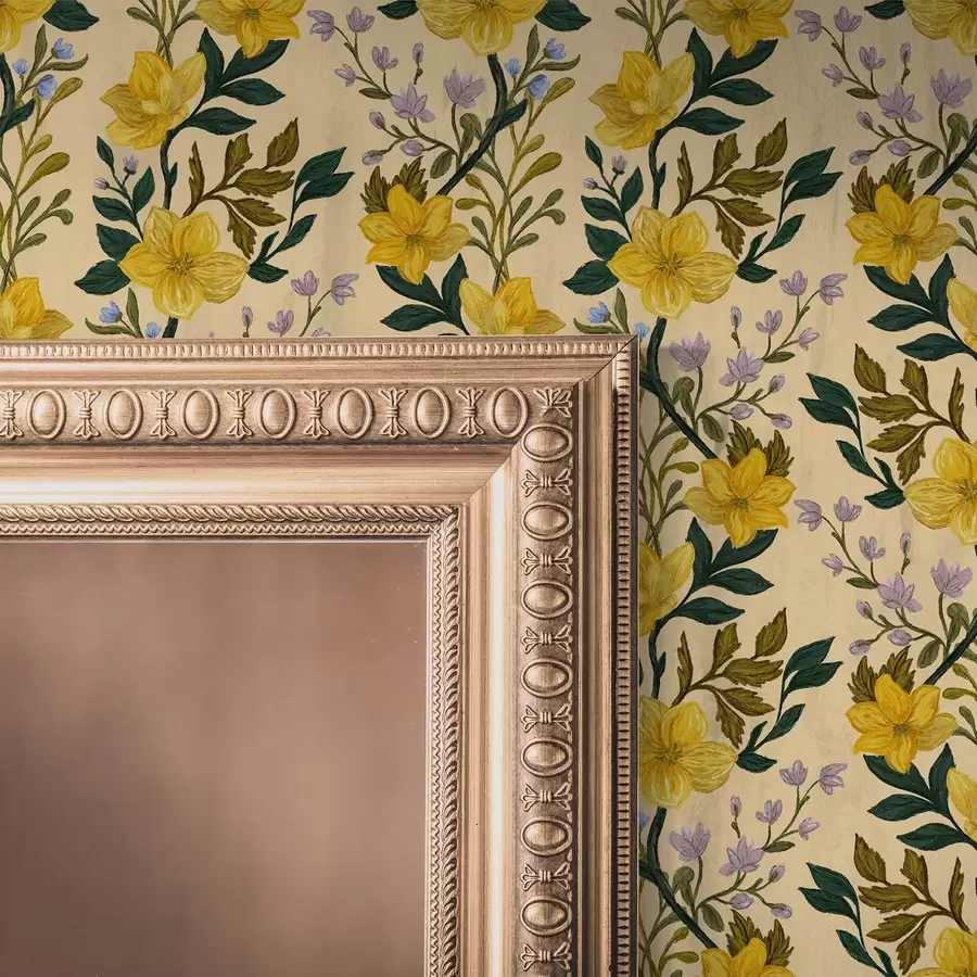 Fototapete Gelbe Blumen in vertikalen Girlanden auf cremefarbenem Hintergrund a00632