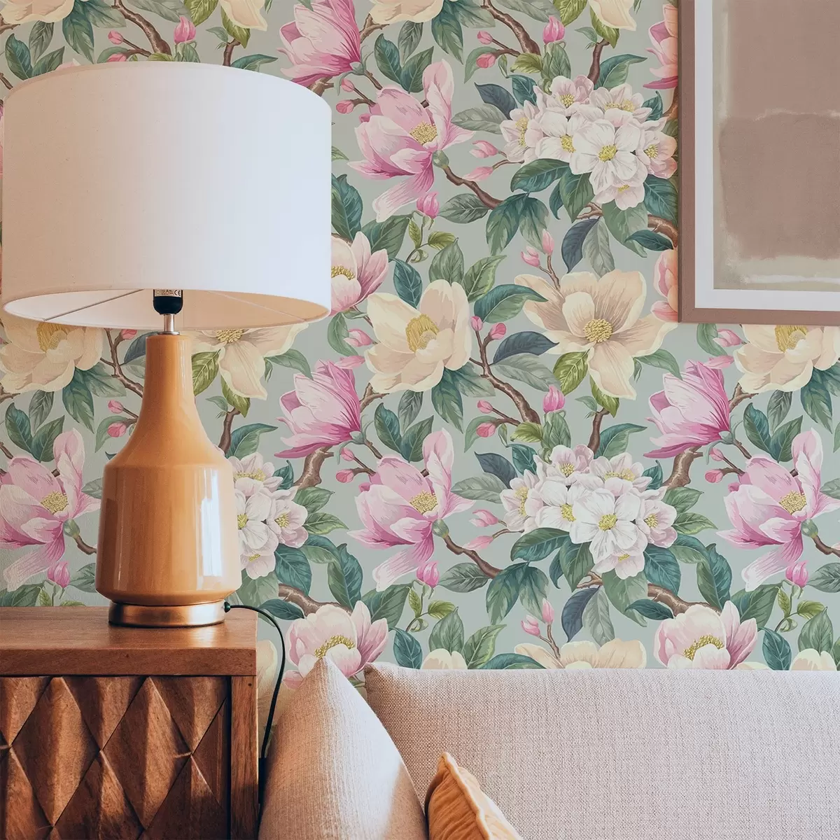 Tapete Magnolien und weiße Blüten auf mintgrauem Hintergrund a00644