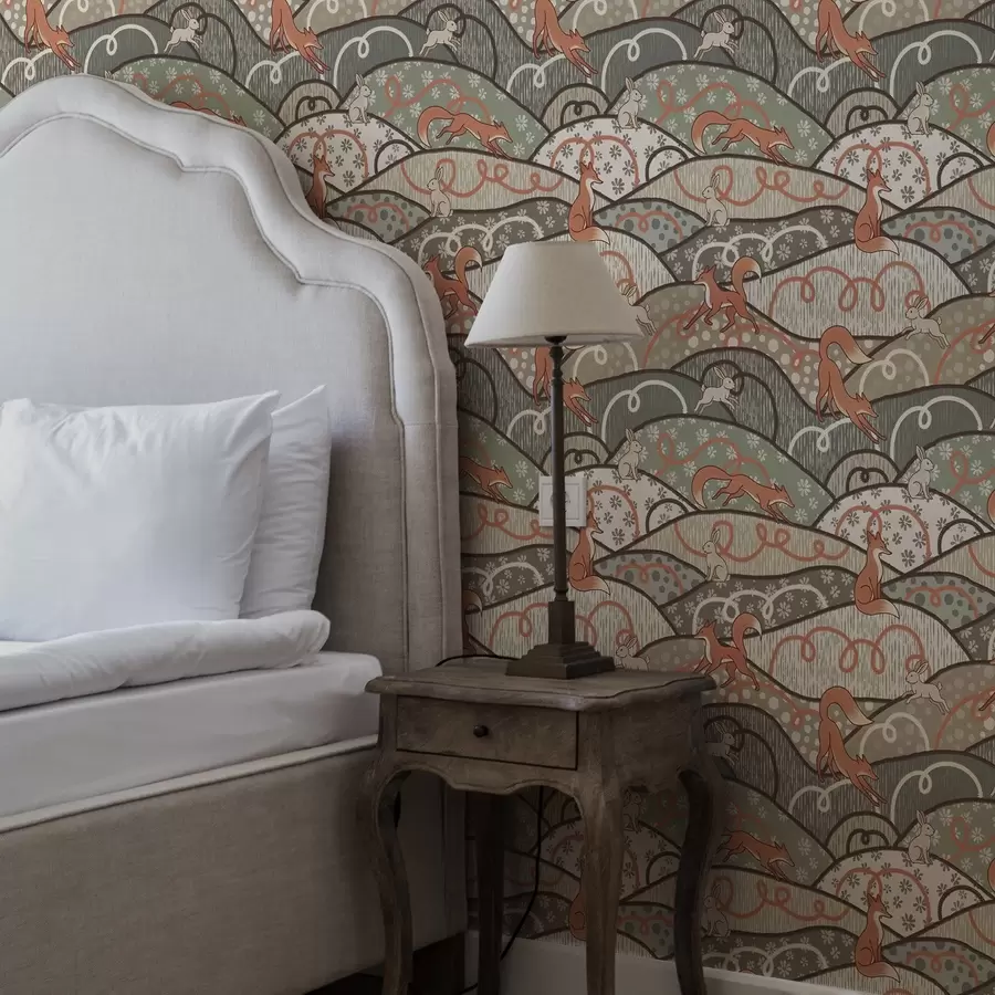 Fototapete Füchse und Hasen auf welligen Hügeln, Retro-Muster a00690