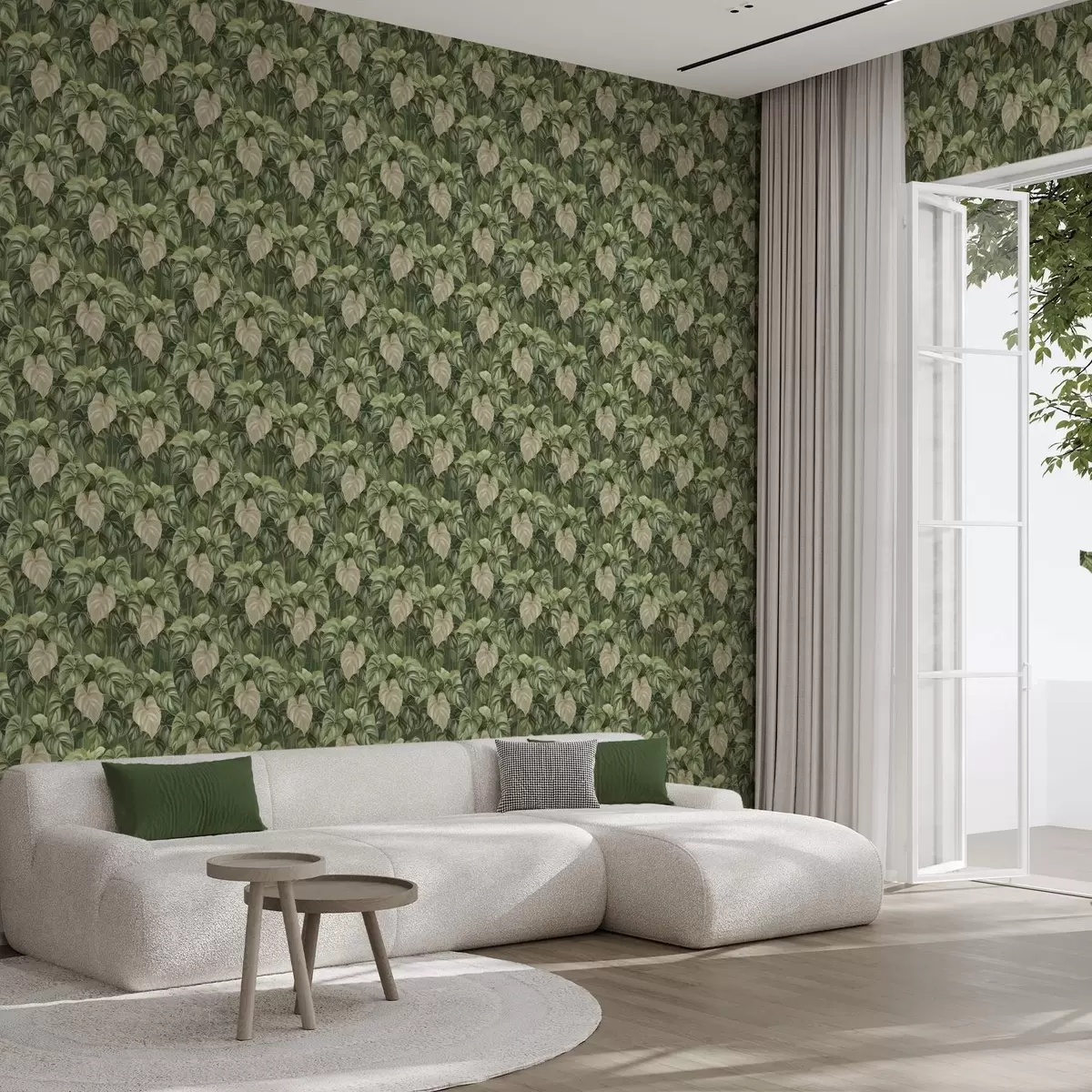 Tapete Üppige Philodendronblätter in Grün- und Elfenbeintönen a00695