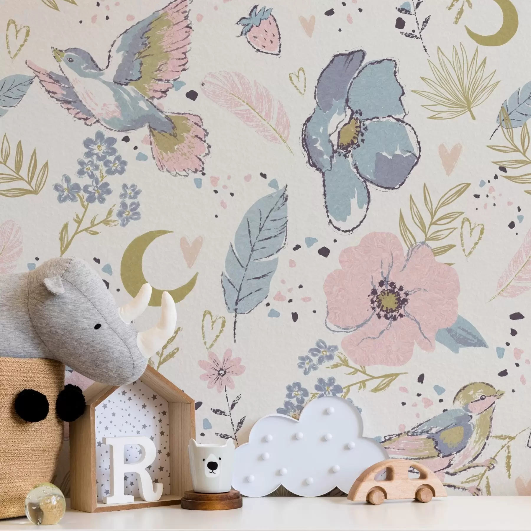 Fototapete Pastellfarbene Vögel und Blumen mit Halbmonden auf weißem Hintergrund a00721