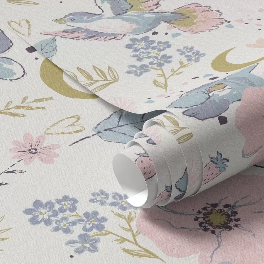 Fototapete Pastellfarbene Vögel und Blumen mit Halbmonden auf weißem Hintergrund a00721