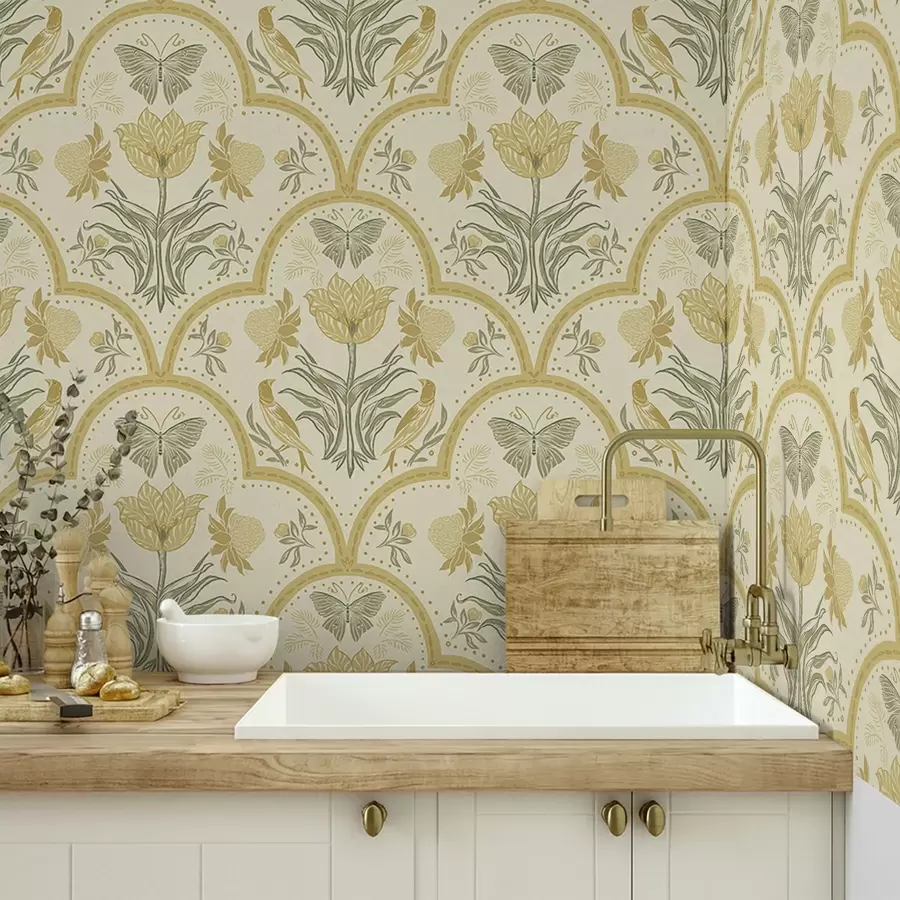 Fototapete Ornament mit Tulpe, Vögeln und Schmetterlingen, ockerfarben a00722