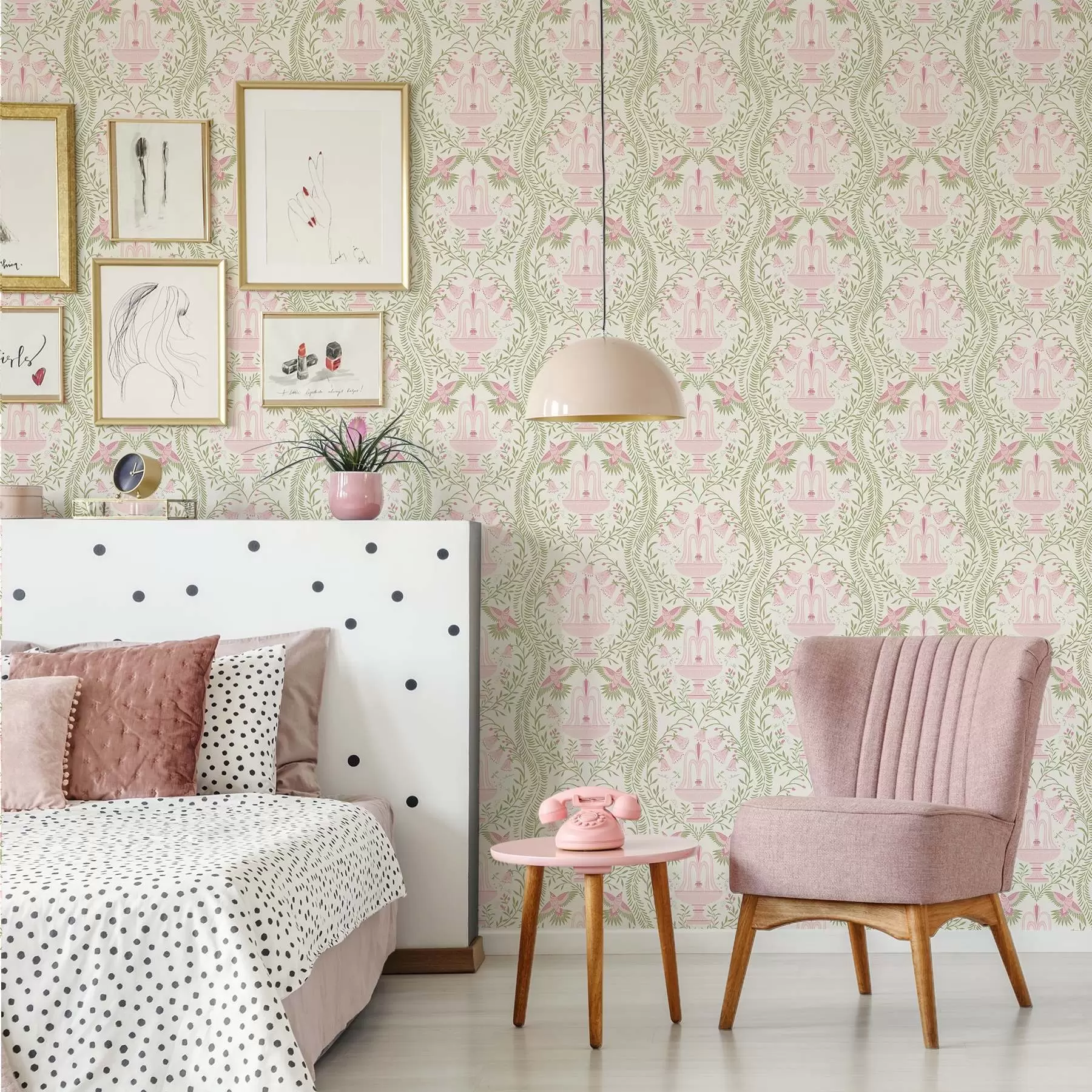 Fototapete Brunnen, Kolibris und grüne Schriftrollen auf hellem Hintergrund a00723