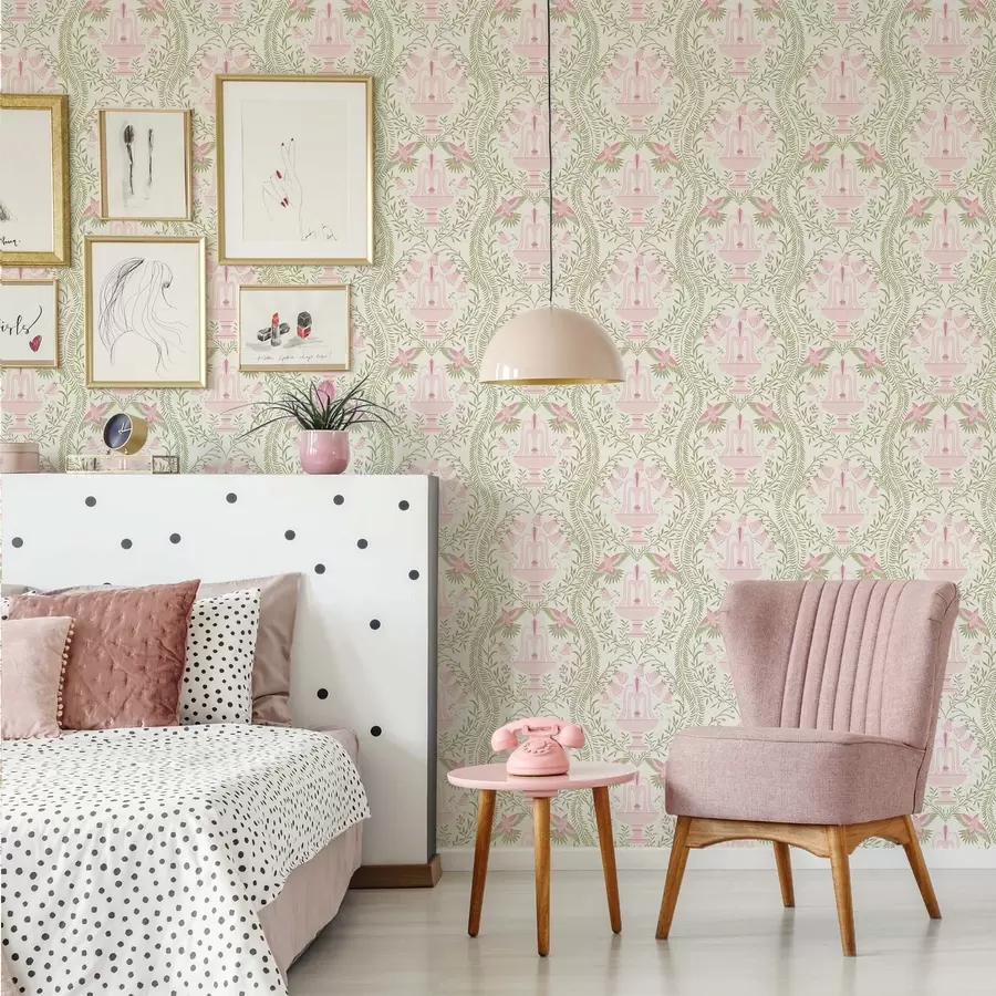 Fototapete Brunnen, Kolibris und grüne Schriftrollen auf hellem Hintergrund a00723