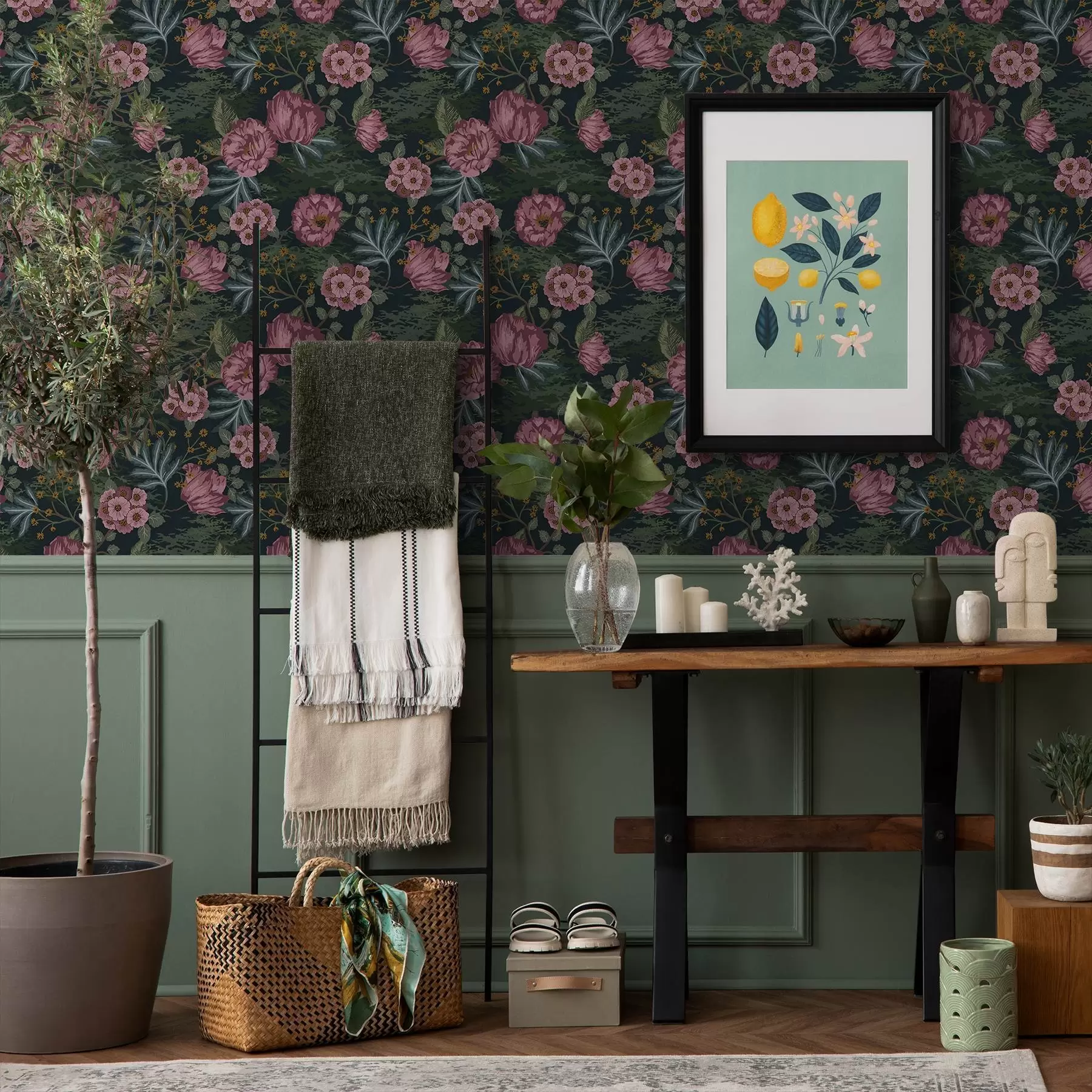 Fototapete Dunkle Flora mit rosa Blüten und Blättern, tiefer Hintergrund a00724