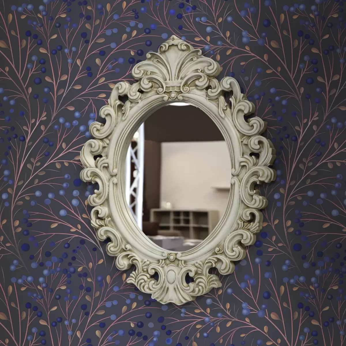 Tapete Rosa-braune Zweige und blaue Beeren auf graphitfarbenem Hintergrund a00787