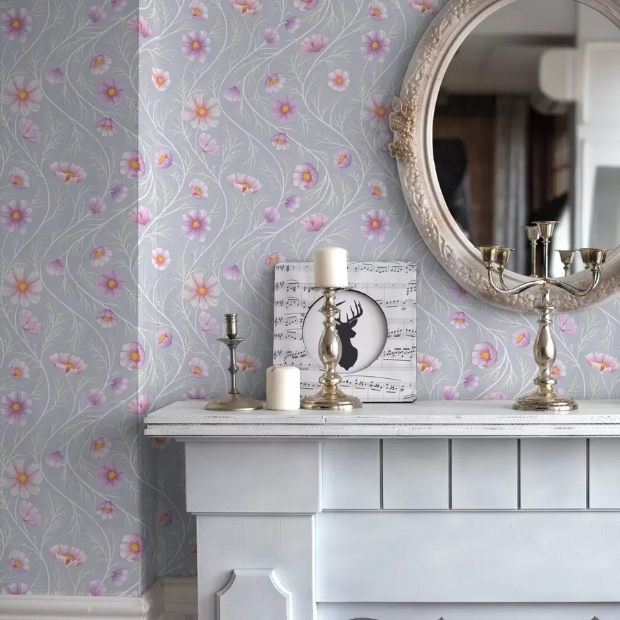 Fototapete Rosa Kosmos und schlanke Stiele auf grauem Hintergrund a00791