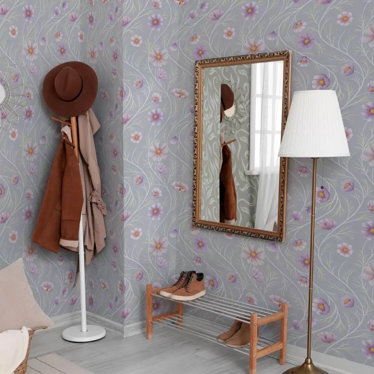 Tapete Rosa Kosmos und schlanke Stiele auf grauem Hintergrund a00791