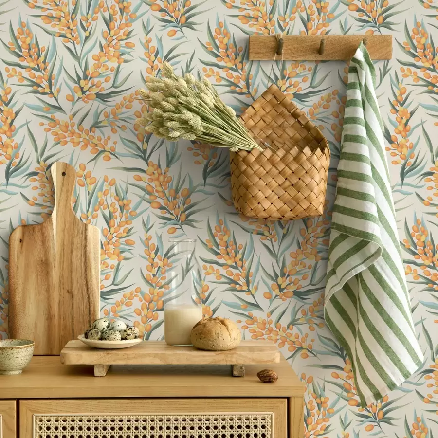 Fototapete Sanddornzweige mit orangefarbenen Beeren, heller Hintergrund a00792