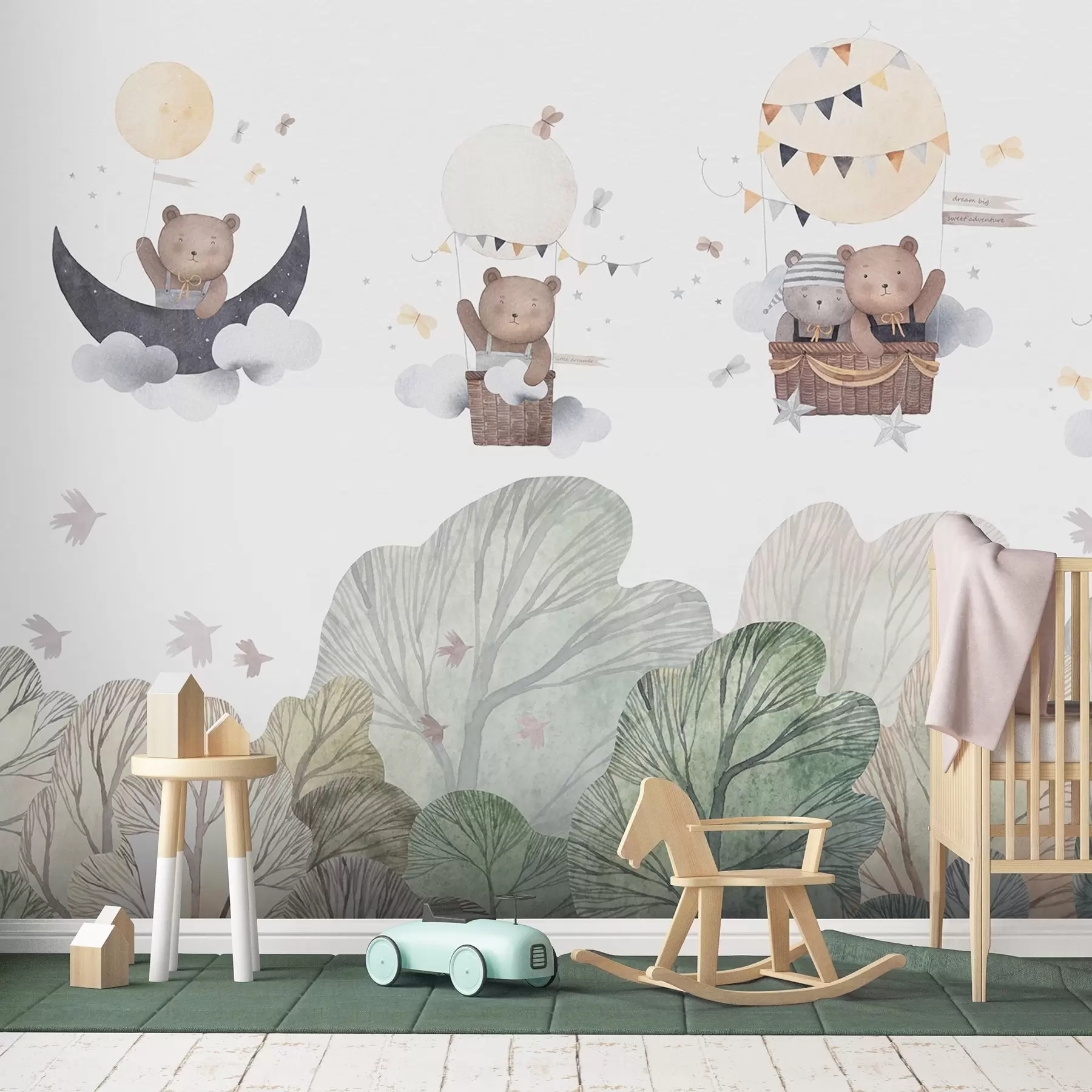 Fototapete Aquarellartige Luftballons mit Bären über dem Wald w09437