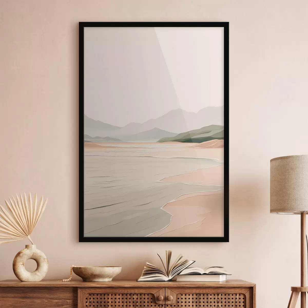 Poster Minimalistische Landschaft mit Bergen und Ufer f46248