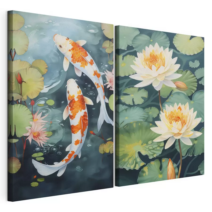 Wandbilder Helle Bilder von Lotusblumen und Fischen in einem Teich m00869