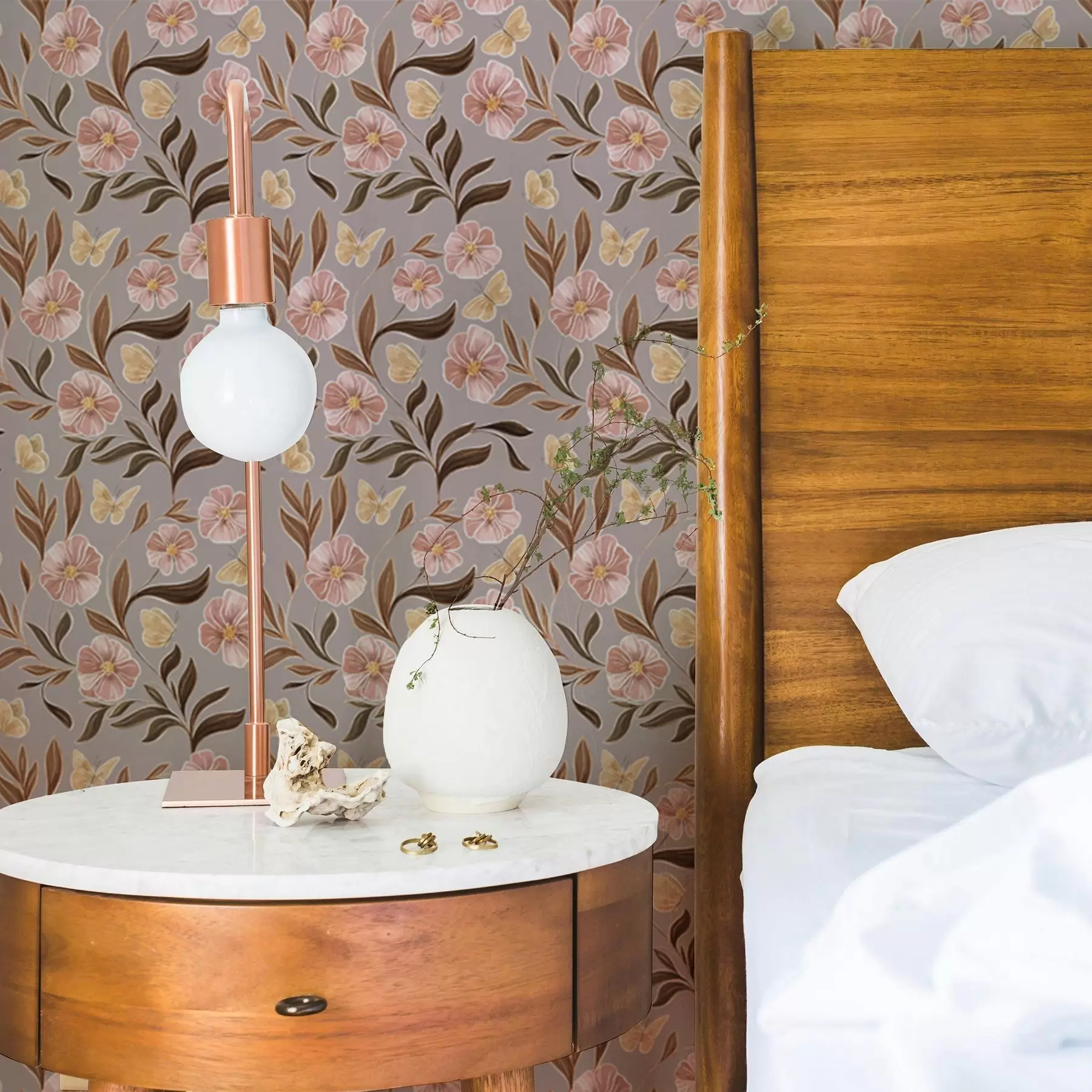 Fototapete Rosa Blumen und Schmetterlinge auf grau-beigem Hintergrund a00633