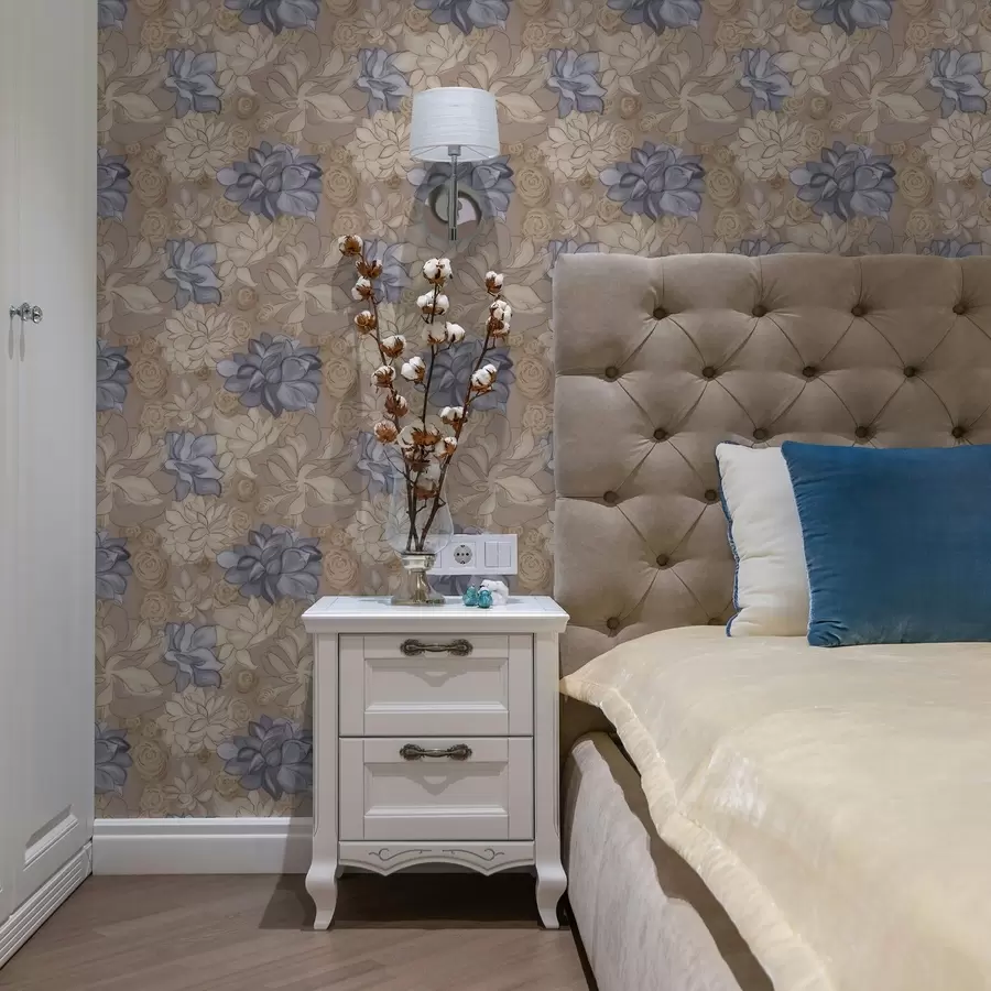 Fototapete Cremefarbene und blaue Blumen auf warmem beigem Hintergrund a00634v1