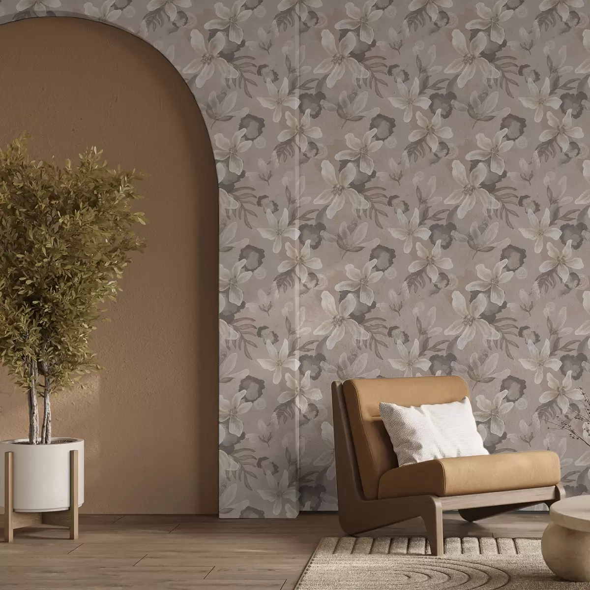 Tapete Große beigefarbene Blumen mit abstrakten Wasserfarbenflecken a00635