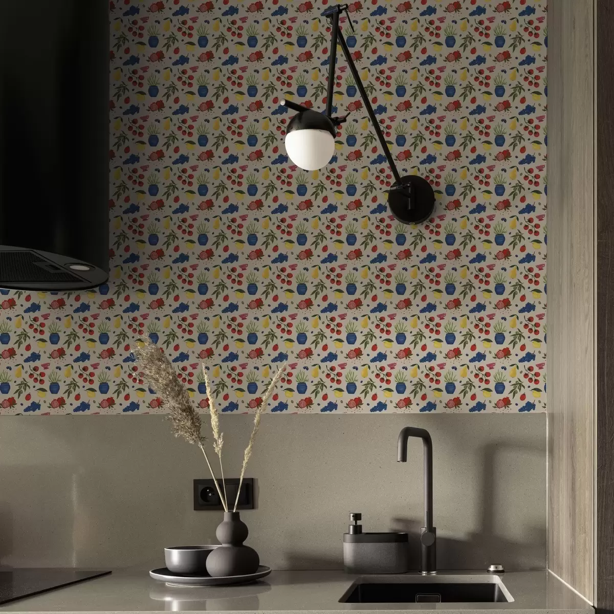 Tapete Lebhaftes Muster mit Früchten, Zweigen und Vasen a00637