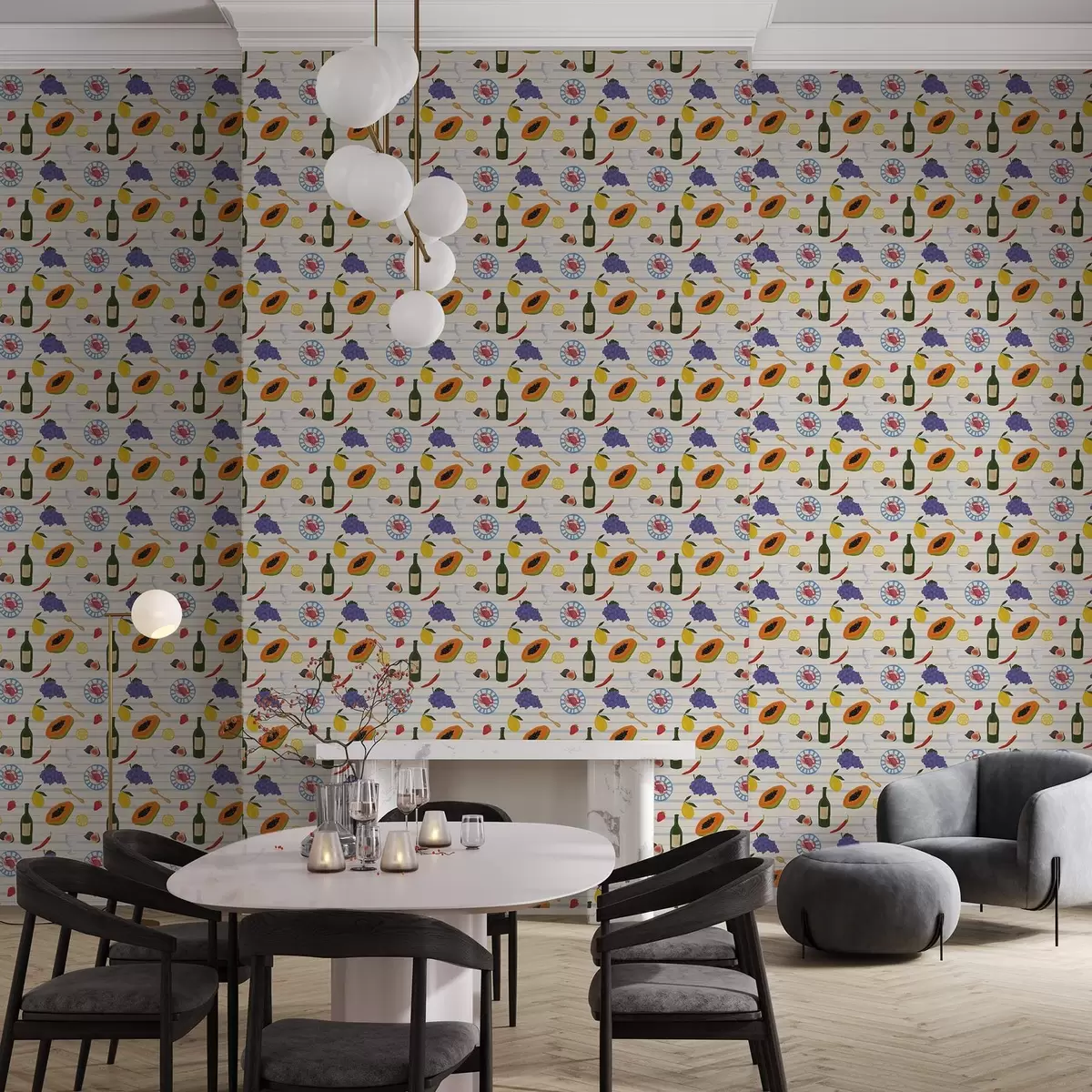 Tapete Küchenprint mit Früchten, Gläsern und Tellern a00638