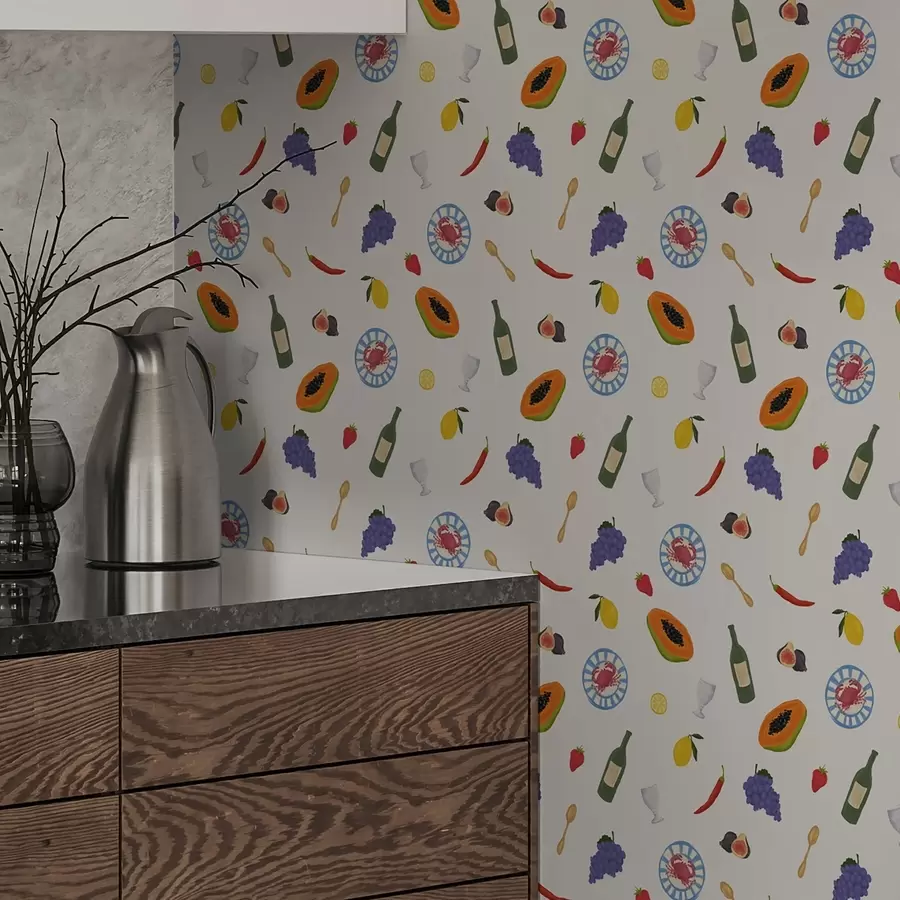 Fototapete Früchte, Wein und Gewürze auf hellem Hintergrund arrangiert a00639