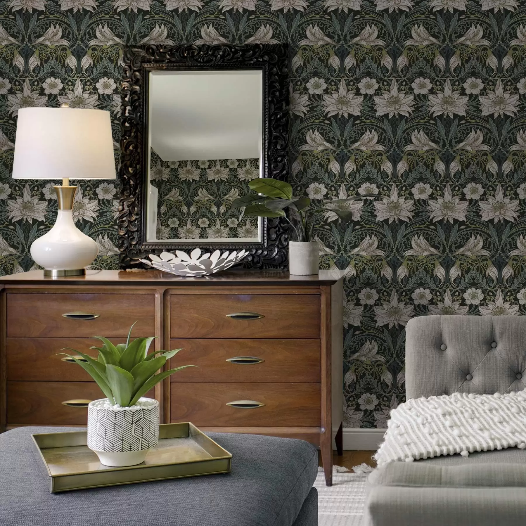 Fototapete Jugendstil-Komposition mit Lilien auf dunklem Hintergrund a00696