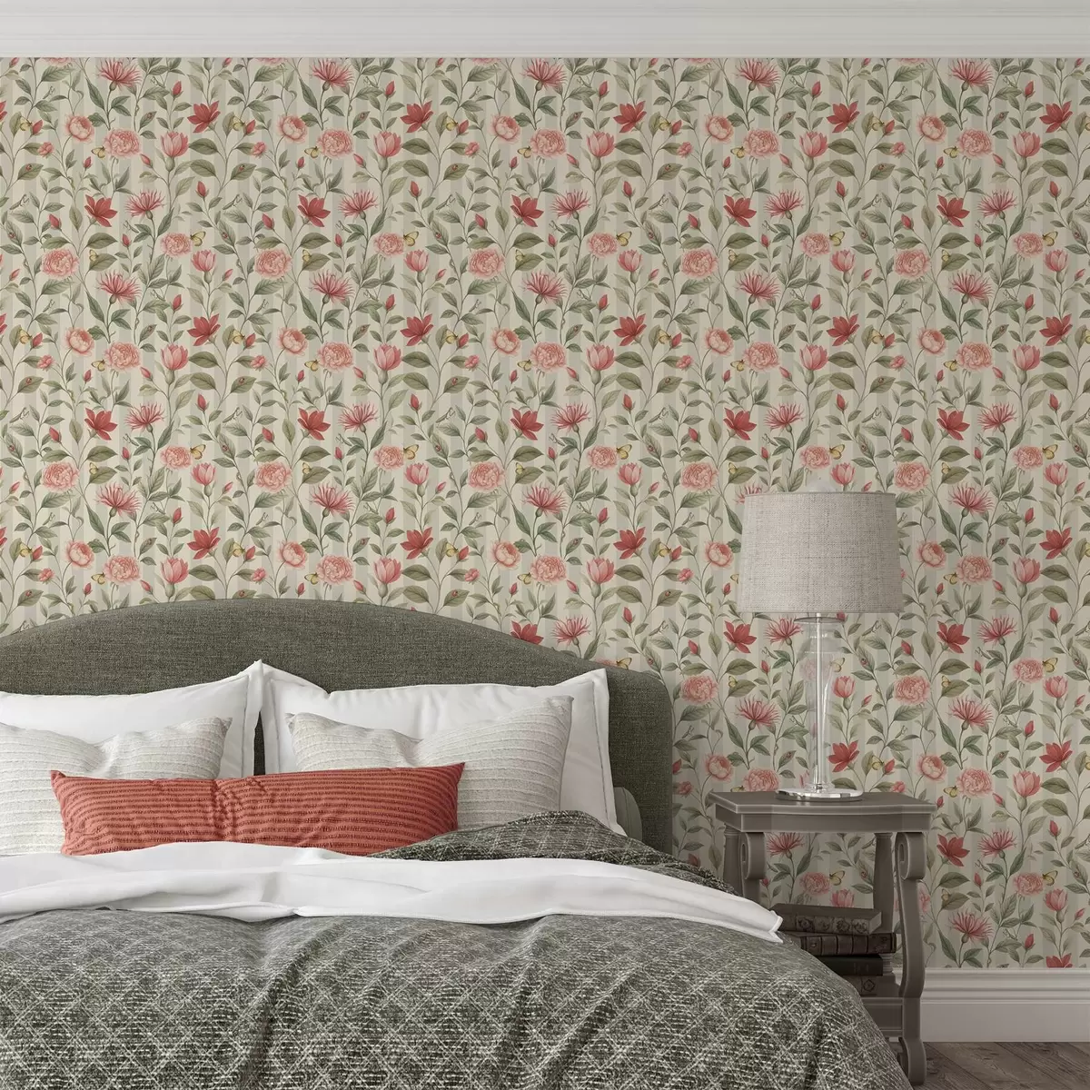 Tapete Blumenstiele mit Schmetterlingen auf hellem Hintergrund a00698