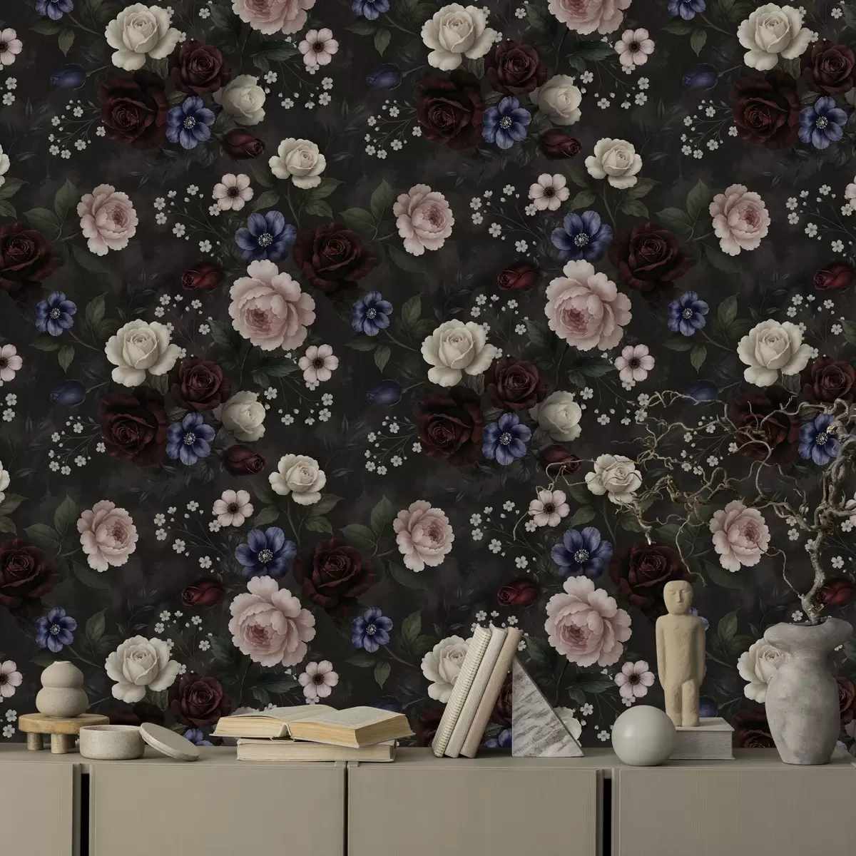 Tapete Dunkle Rosen, Anemonen und Pfingstrosen vor einem dunklen Hintergrund a00704