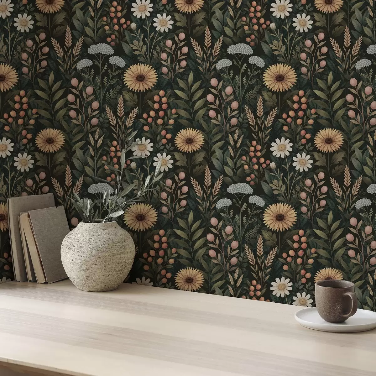 Tapete Wildblumen und Beeren auf dunklem Hintergrund, natürliches Ornament a00707