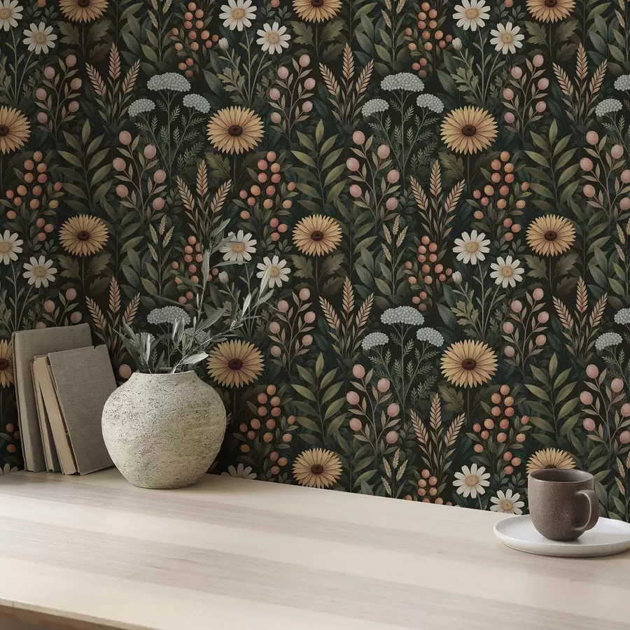 Fototapete Wildblumen und Beeren auf dunklem Hintergrund, natürliches Ornament a00707