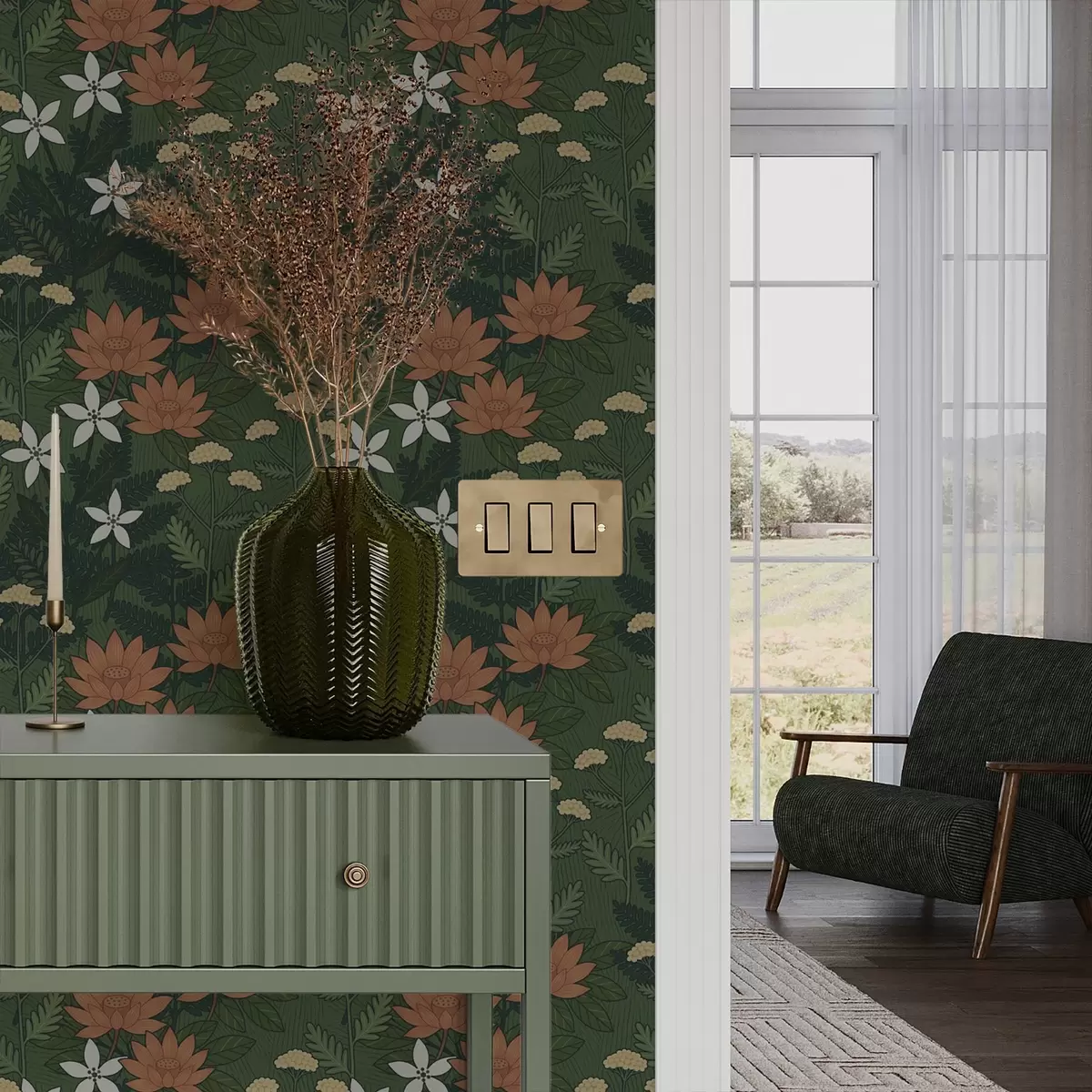 Tapete Große Blumen zwischen grünem Laub, dekorative Komposition a00708