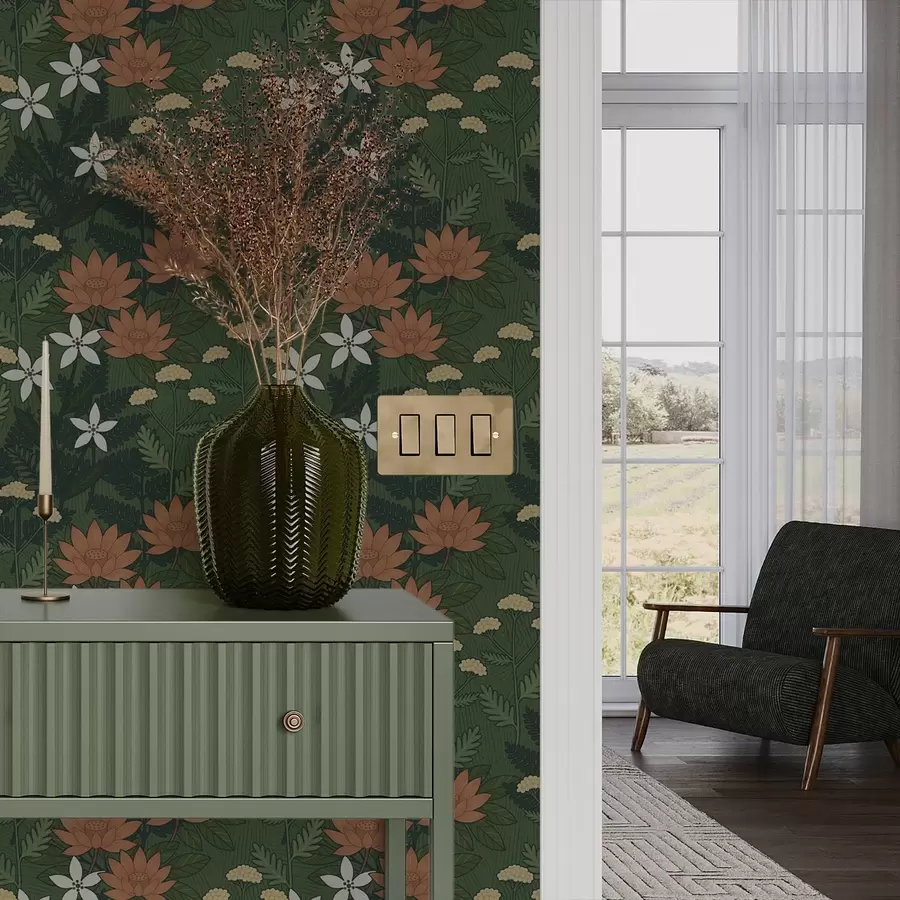 Fototapete Große Blumen zwischen grünem Laub, dekorative Komposition a00708