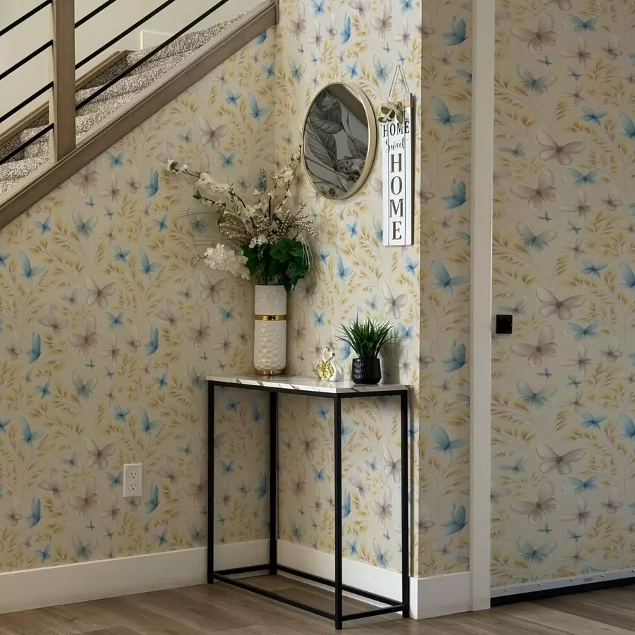 Fototapete Helle Schmetterlinge zwischen gelben Blättern auf hellem Hintergrund a00795