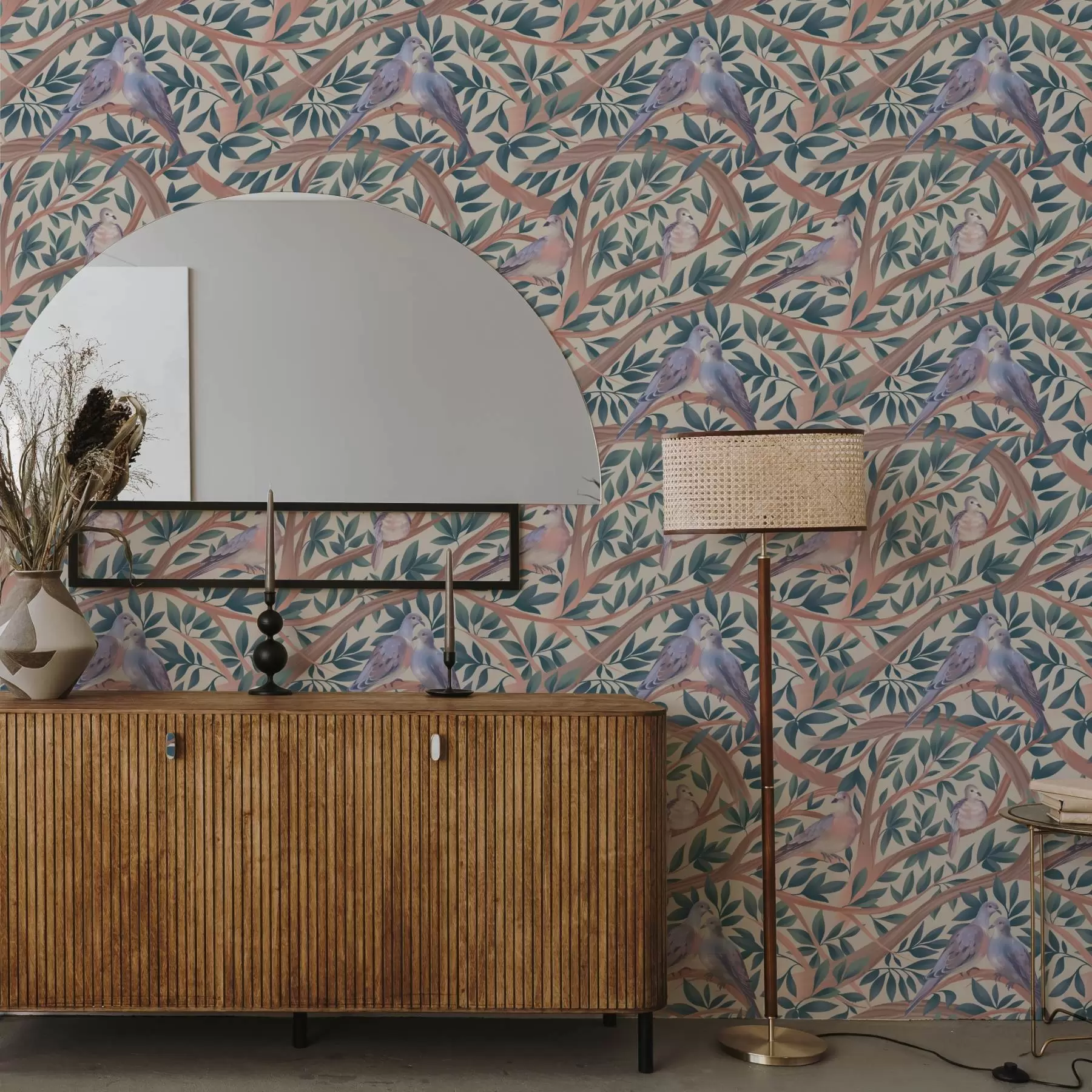 Fototapete Tauben zwischen Zweigen und Blättern in sanften Pastelltönen a00796