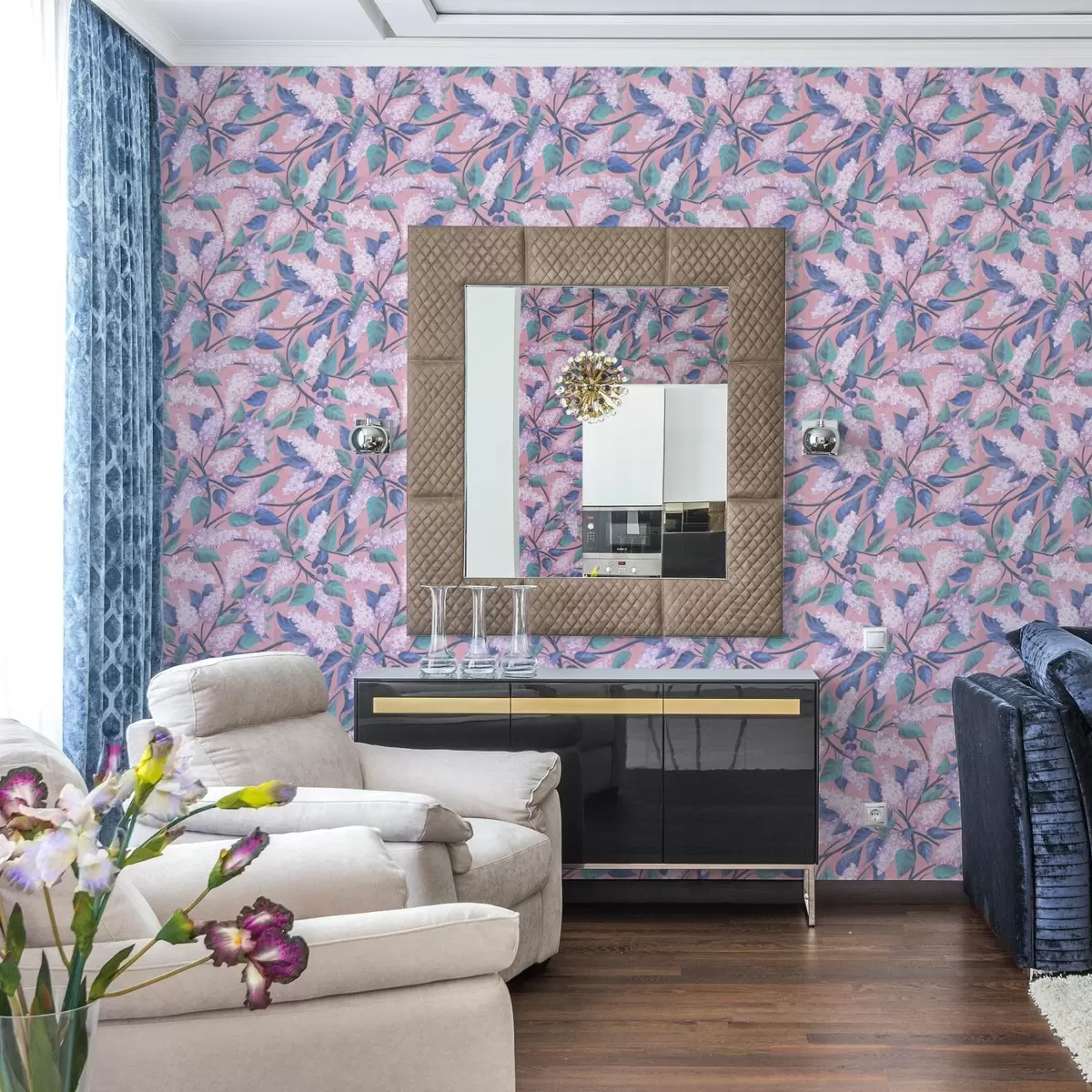 Tapete Zarte lila Blüten auf rosa Hintergrund, Frühlingsstimmung a00797