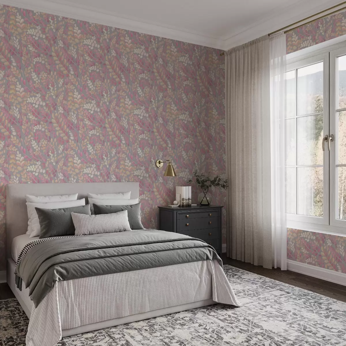 Tapete Pastellfarbene Zweige mit rosa-pfirsichfarbenem Laub auf grauem Hintergrund a00799v1