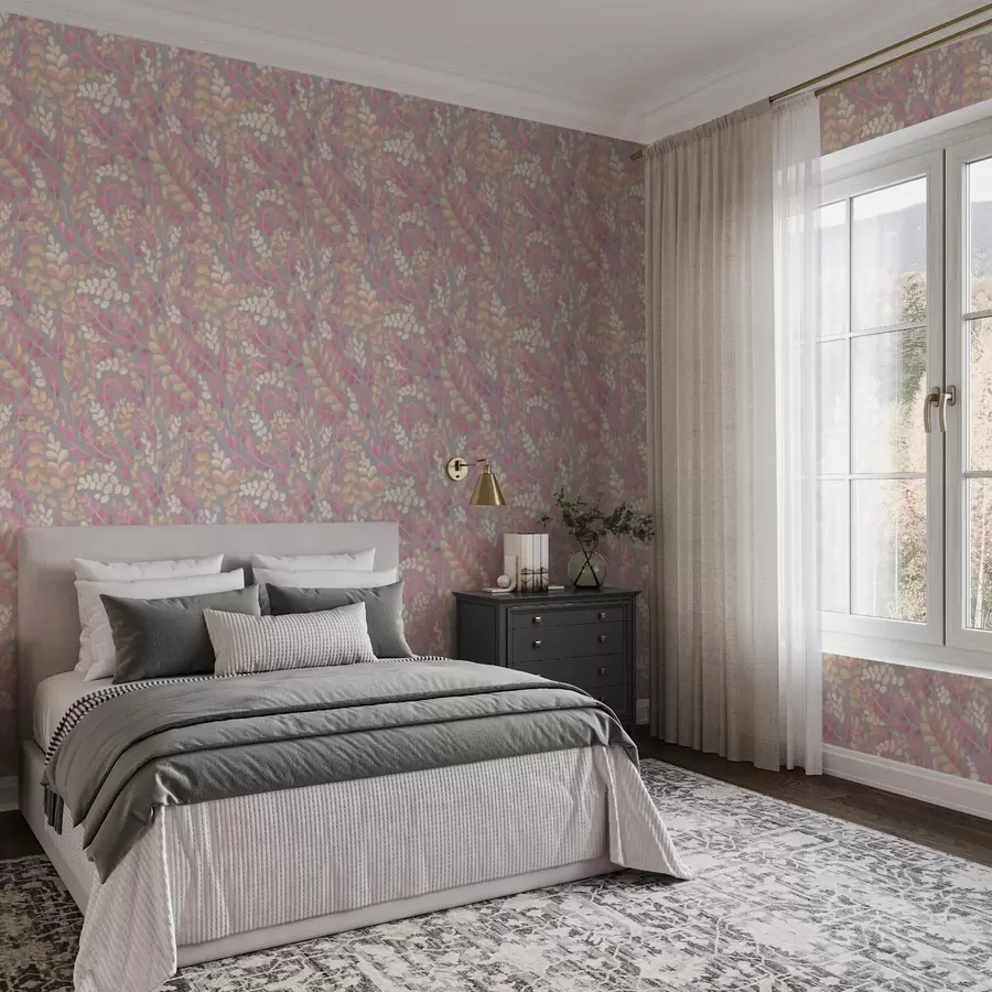 Fototapete Pastellfarbene Zweige mit rosa-pfirsichfarbenem Laub auf grauem Hintergrund a00799v1